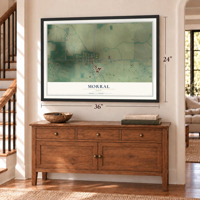 Morral, Ohio map, 24 x 36 inch print in a black frame above a dresser by a staircase