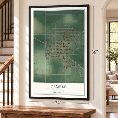 Temple, Oklahoma map, 24 x 36 inch print in a black frame by a staircase