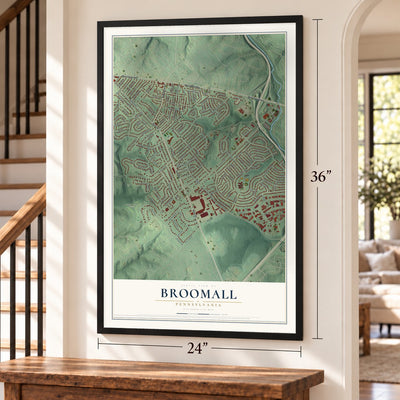 Broomall, Pennsylvania map, 24 x 36 inch print in a black frame by a staircase