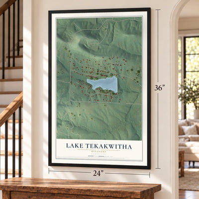 Lake Tekakwitha, Missouri map, 24 x 36 inch print in a black frame by a staircase