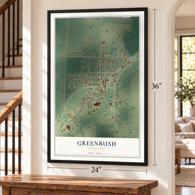 Greenbush, Minnesota map, 24 x 36 inch print in a black frame by a staircase