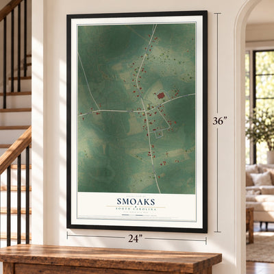 Smoaks, South Carolina map, 24 x 36 inch print in a black frame by a staircase