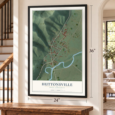Huttonsville, West Virginia map, 24 x 36 inch print in a black frame by a staircase