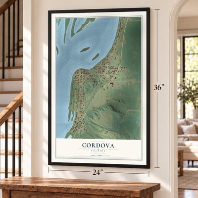 Cordova, Illinois map, 24 x 36 inch print in a black frame by a staircase