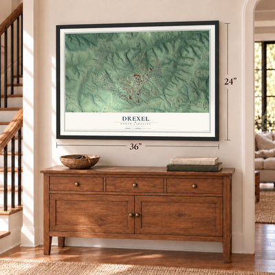 Drexel, North Carolina map, 24 x 36 inch print in a black frame above a dresser by a staircase