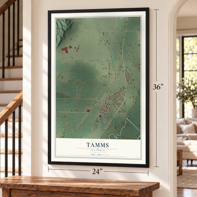 Tamms, Illinois map, 24 x 36 inch print in a black frame by a staircase