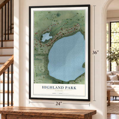 Highland Park, Florida map, 24 x 36 inch print in a black frame by a staircase