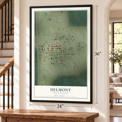 Delmont, South Dakota map, 24 x 36 inch print in a black frame by a staircase