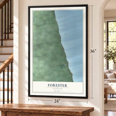 Forester, Michigan map, 24 x 36 inch print in a black frame by a staircase