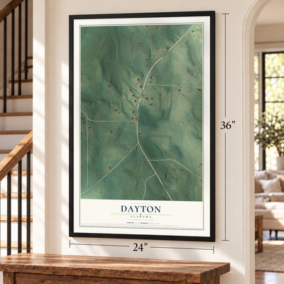 Dayton, Alabama map, 24 x 36 inch print in a black frame by a staircase