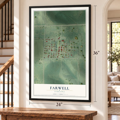 Farwell, Nebraska map, 24 x 36 inch print in a black frame by a staircase