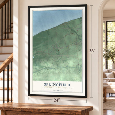 Springfield, Erie County, Pennsylvania map, 24 x 36 inch print in a black frame by a staircase