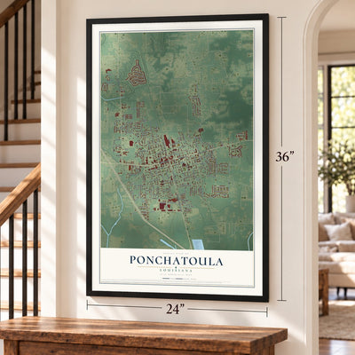 Ponchatoula, Louisiana map, 24 x 36 inch print in a black frame by a staircase