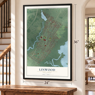 Linwood, New Jersey map, 24 x 36 inch print in a black frame by a staircase