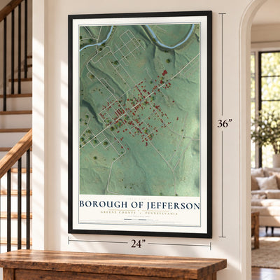 Borough of Jefferson, Greene County, Pennsylvania map, 24 x 36 inch print in a black frame by a staircase