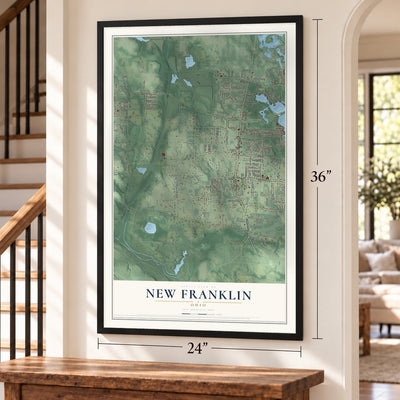 New Franklin, Ohio map, 24 x 36 inch print in a black frame by a staircase