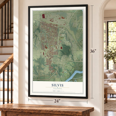 Silvis, Illinois map, 24 x 36 inch print in a black frame by a staircase