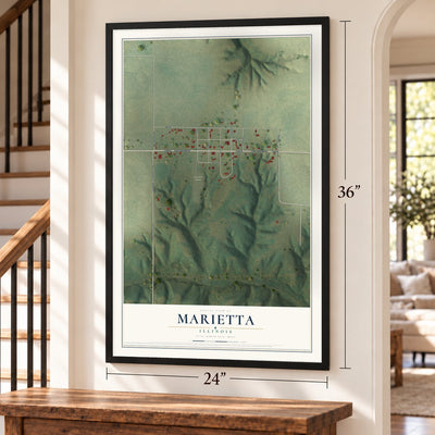 Marietta, Illinois map, 24 x 36 inch print in a black frame by a staircase