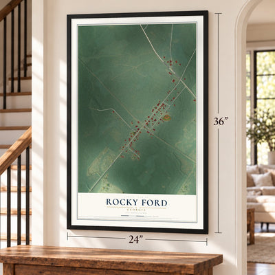 Rocky Ford, Georgia map, 24 x 36 inch print in a black frame by a staircase