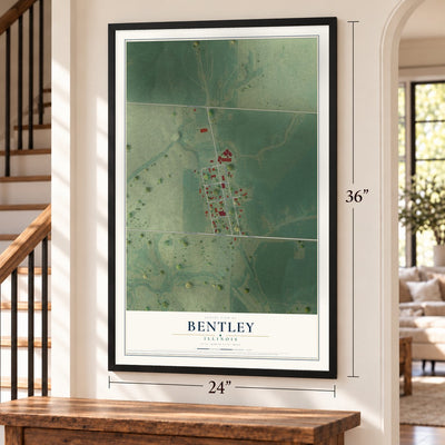 Bentley, Illinois map, 24 x 36 inch print in a black frame by a staircase