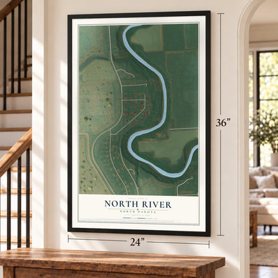 North River, North Dakota map, 24 x 36 inch print in a black frame by a staircase