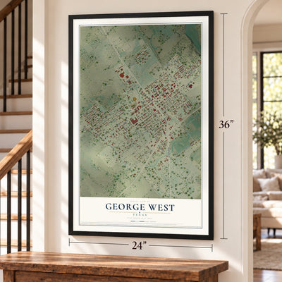 George West, Texas map, 24 x 36 inch print in a black frame by a staircase