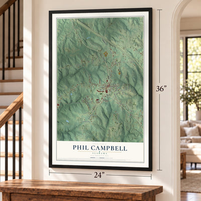 Phil Campbell, Alabama map, 24 x 36 inch print in a black frame by a staircase