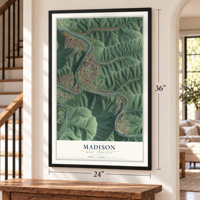 Madison, West Virginia map, 24 x 36 inch print in a black frame by a staircase