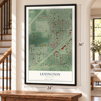 Lexington, Minnesota map, 24 x 36 inch print in a black frame by a staircase