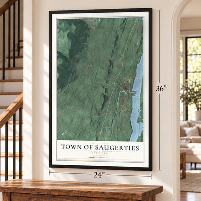 Town of Saugerties, New York map, 24 x 36 inch print in a black frame by a staircase
