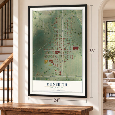 Dunseith, North Dakota map, 24 x 36 inch print in a black frame by a staircase