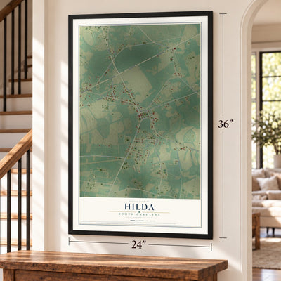 Hilda, South Carolina map, 24 x 36 inch print in a black frame by a staircase