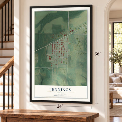 Jennings, Kansas map, 24 x 36 inch print in a black frame by a staircase