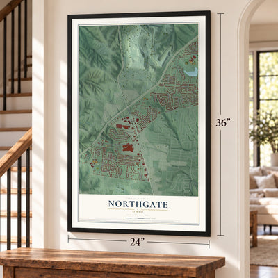 Northgate, Ohio map, 24 x 36 inch print in a black frame by a staircase