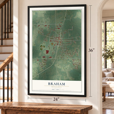 Braham, Minnesota map, 24 x 36 inch print in a black frame by a staircase