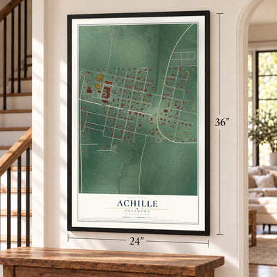Achille, Oklahoma map, 24 x 36 inch print in a black frame by a staircase