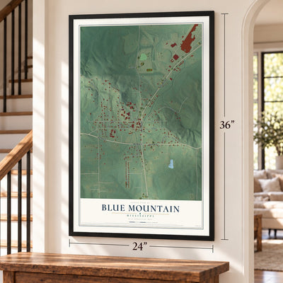 Blue Mountain, Mississippi map, 24 x 36 inch print in a black frame by a staircase