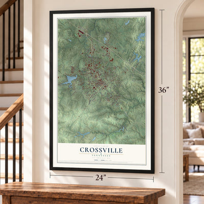 Crossville, Tennessee map, 24 x 36 inch print in a black frame by a staircase