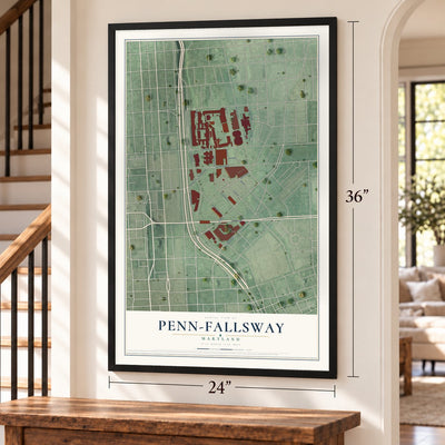 Penn-Fallsway, Maryland map, 24 x 36 inch print in a black frame by a staircase