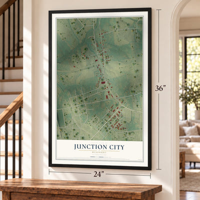 Junction City, Missouri map, 24 x 36 inch print in a black frame by a staircase
