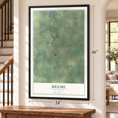 Meeme, Wisconsin map, 24 x 36 inch print in a black frame by a staircase
