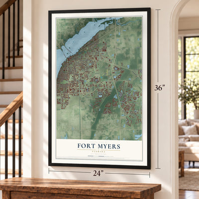 Fort Myers, Florida map, 24 x 36 inch print in a black frame by a staircase