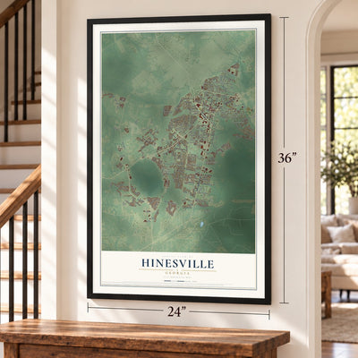 Hinesville, Georgia map, 24 x 36 inch print in a black frame by a staircase