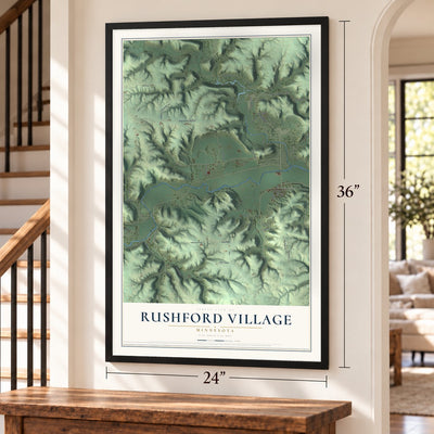 Rushford Village, Minnesota map, 24 x 36 inch print in a black frame by a staircase