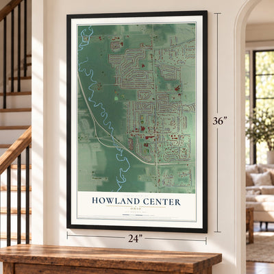 Howland Center, Ohio map, 24 x 36 inch print in a black frame by a staircase
