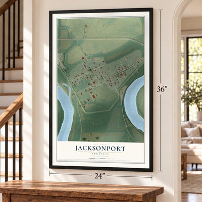 Jacksonport, Arkansas map, 24 x 36 inch print in a black frame by a staircase