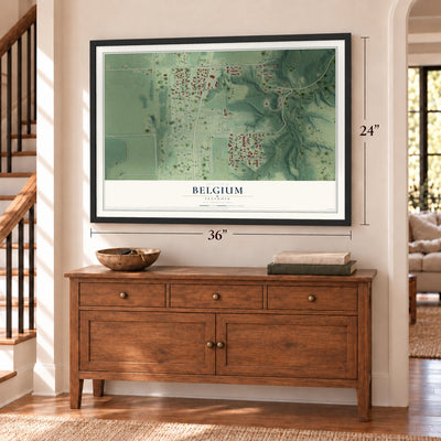 Belgium, Illinois map, 24 x 36 inch print in a black frame above a dresser by a staircase