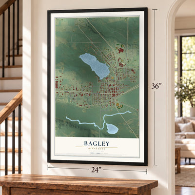 Bagley, Minnesota map, 24 x 36 inch print in a black frame by a staircase