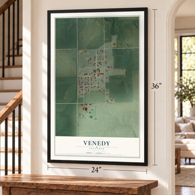 Venedy, Illinois map, 24 x 36 inch print in a black frame by a staircase