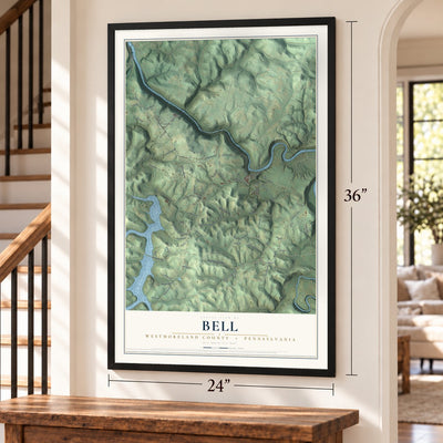 Bell, Westmoreland County, Pennsylvania map, 24 x 36 inch print in a black frame by a staircase